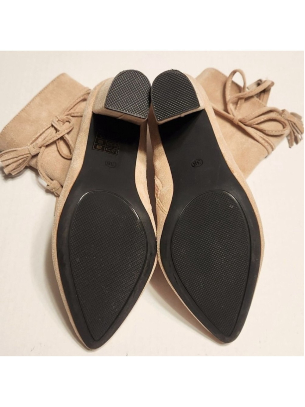 Beige Faux Suede Tassel Block Heel Side Zip Ankle Booties Size 7 - Picture 8 of 11